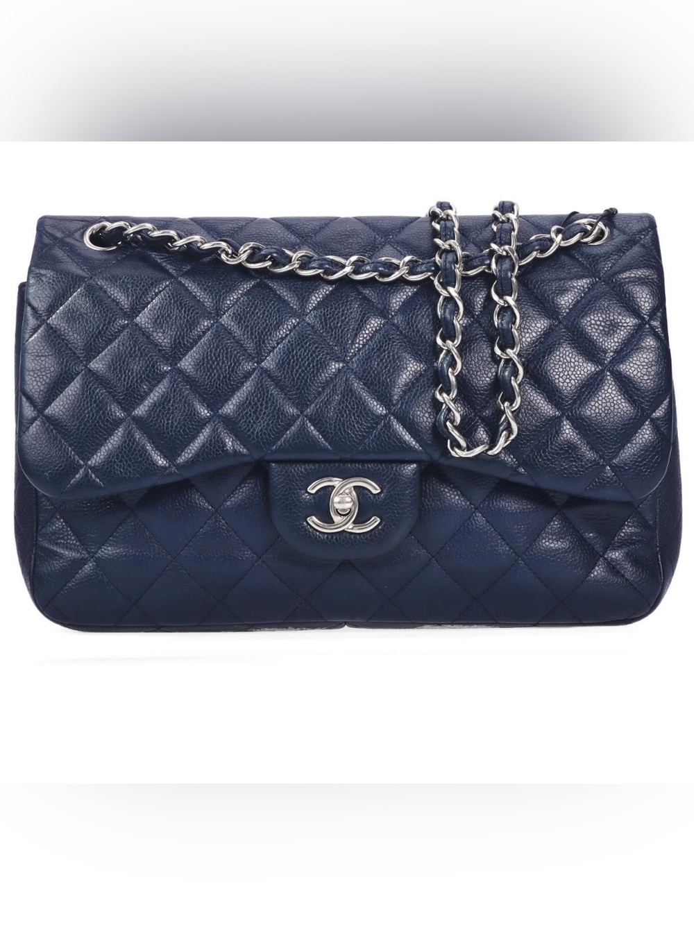 CHANEL Quilted Double Flap Shoulder Bag in Navy with Silver Hardware